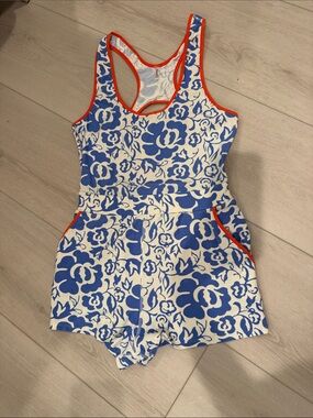 Free People Blue Floral One-Piece Romper with Coral Trim SZ XS/ S
